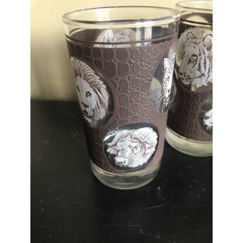 Vintage Libbey Glasses Glass set of 3 Lion‎ Tiger Leopard Ram African Safari